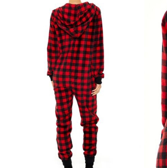 FOREVER 21 Hooded Fleece Plaid Cristmas Pajama Jumpsuit Size Small Winter - Picture 2 of 11